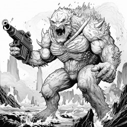 monster made of lava shooting a lava minigun