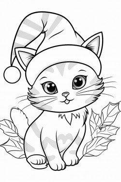 cute cat in christmas hat with holly sprig