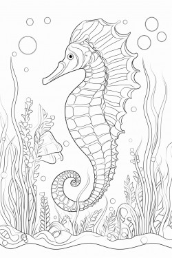 a seahorse floating gracefully among seaweed and bubbles