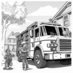 firefighter in front of fire truck showing kids a smoke detector