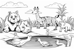 animals in the park a bird a cat a dog a frog a horse a fish in a pond a rabbit