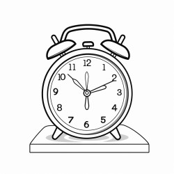 create a simple 3d art colouring page image of a cute round shaped desk clock on a table on a white background