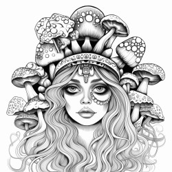 trippy girl with mushrooms in her hair psychedelic style with cannabis leafs
