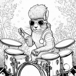 squirrel with sunglasses on playing the drums with a psychedelic background
