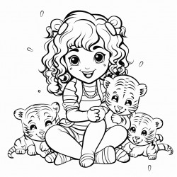 angloindian girl curly hair playing with 3 tiger cubs lineart kawaii style minimalist coloring book page