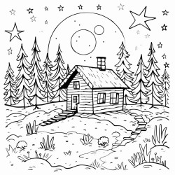 a rustic cabin in the woods with lightning illuminating the night sky