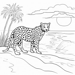 sunset coluring page over the ocean with a cheetah on the beach