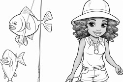 african american chibi women dressed in overalls holding a fishing pole in one hand and a fresh fish in the other have her look surprised and happy