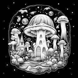 fantasy mushroom palace in a jar neon colors night sky colorful clouds whimsical