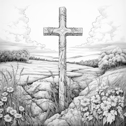 create an image of a solemn scene with a prominent cross in the center