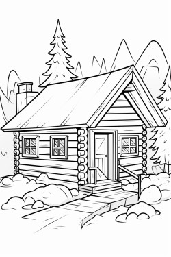 a cute rustic cabin retreat  coloring bookvector white background black and white black drawing