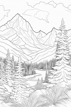 serene mountain landscape with snowcapped peaks and evergreen trees