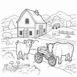 farm with a cow horse sheep and a tractor