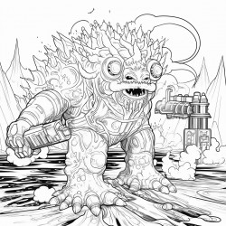 a monster made of lava shooting a lava minigun