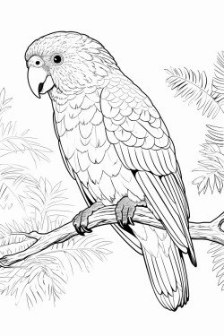 kakapo perched on a branch with its vibrant green feathers and fluffy body set against a backdrop of new zealand forest
