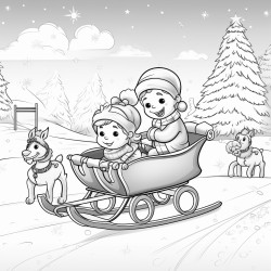 The illustration should be in SUPER SIMPLE black and white bold line art with a clear mostly empty background INCLUDES ONLY OUTLINES WITH NO FILLED IN BLACK AREAS ensuring no shading no complex images and making it very easy to color in between the lines Two cats riding a sleigh together