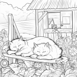 two cats sleeping on the edge of a veranda of a farm house sunflowers in the background