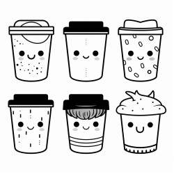 6 takeaway cups with different faces in kawaii styl