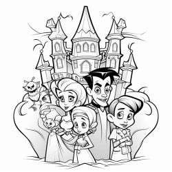 a haunted mansion with spooky characters