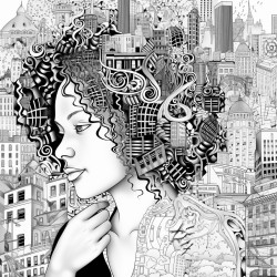 african american woman in the city surrounded by chaotic words