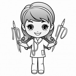 a cute nurse holding dental extraction tools bold and easy white background