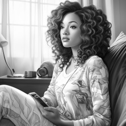 beautiful african american woman sitting on her bed watching television