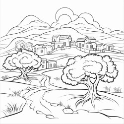 a small village surrounded by rolling hills and a large ancient olive tree in the center