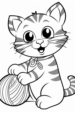 a tabby cat playing with a yarn ball