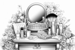 a chic vanity with an elegant mirror surrounded by makeup brushes foundations eyeshadow palettes and lipstick tubes