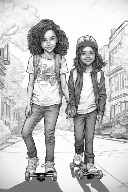 young boy and young girl skateboarding in the street