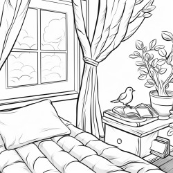 inside of bedroom tree outside window bird nest coloring page