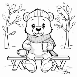 a cartoon bear wearing a scarf drinking a hot cup of coffee while sitting on a bench in the park with fall leaves all around