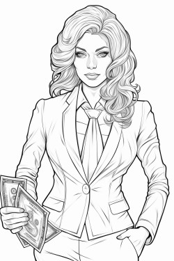 a woman in a business suit with money in her hands
