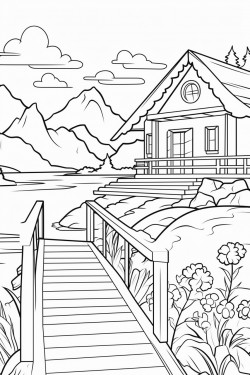 swiss countryside with a quaint stone house surrounded by flowers wooden dock extending into a lake