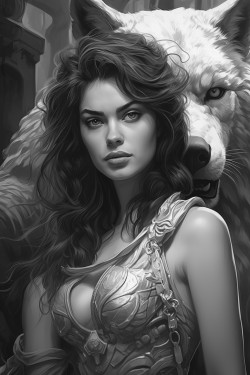 a badass tatted woman posing with her beautiful fierce black wolf
