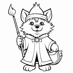 a wolf wearing a wizard hat casting spells with a wand