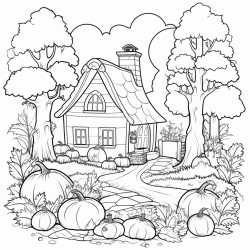 seasonal sutumn colouring age with pumpinks a cottage around a forest sunset with some small clouds