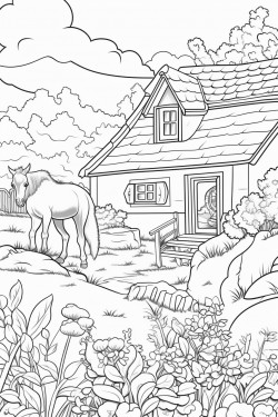horses graze in lavender fields whimsical landscape with a quaint stone house surrounded by flowers and a cypress tree