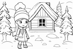 a cute little girl in a forest standing in front of a wooden cottage