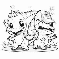cute kawaii style dinosaurs playing baseball