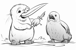 baby chicken with knife in its hand chases walrus