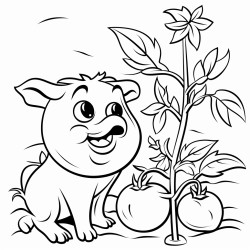 a tomato plant that is full of ripe tomatoes with a little piglet beside it