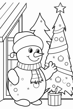 christmas snowman outside the window and behind the christmas tree