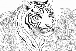 big tiger with tropical leaves or flowers