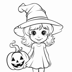 girl with a pumpkin head and witch hat