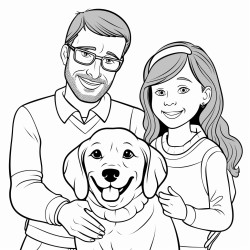 create a coloring page of a little girl with pigtail braids and glasses with her mom and dad and dog that is a beagle