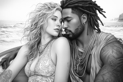 one black man with dreads holding a white woman with blondebrown hair on a boat with the sea in the back