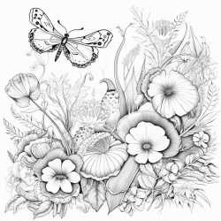 a detailed garden scene with various flowers vines and hidden creatures like butterflies and bees