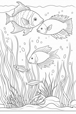 ocean animals with sea grass and fish