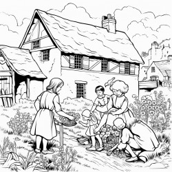 mother with 5 children weeding a garden in an old english countryside next to cobbled cottage with thatched roof